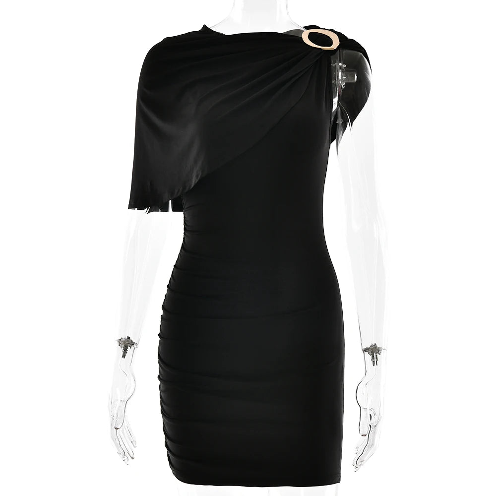 Black one-shoulder dress on a mannequin with a white background
