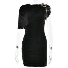 Black one-shoulder dress on a mannequin with a white background