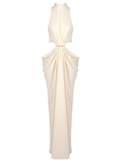 Elegant white halter neck gown with draped design on a white background