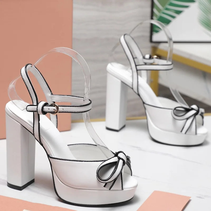 White platform bow strap square heels
