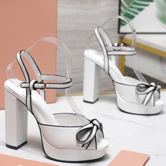 White platform bow strap square heels