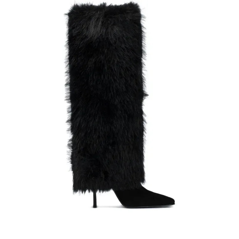 Black knee-high boot with fluffy black fur