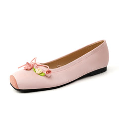 Pink satin ballet flat with flower bow detail
