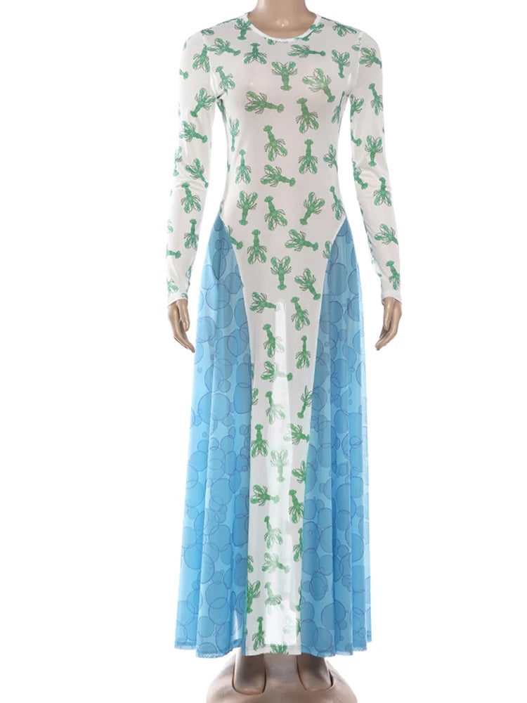 Long-sleeve dress with cactus pattern on a mannequin against a white background