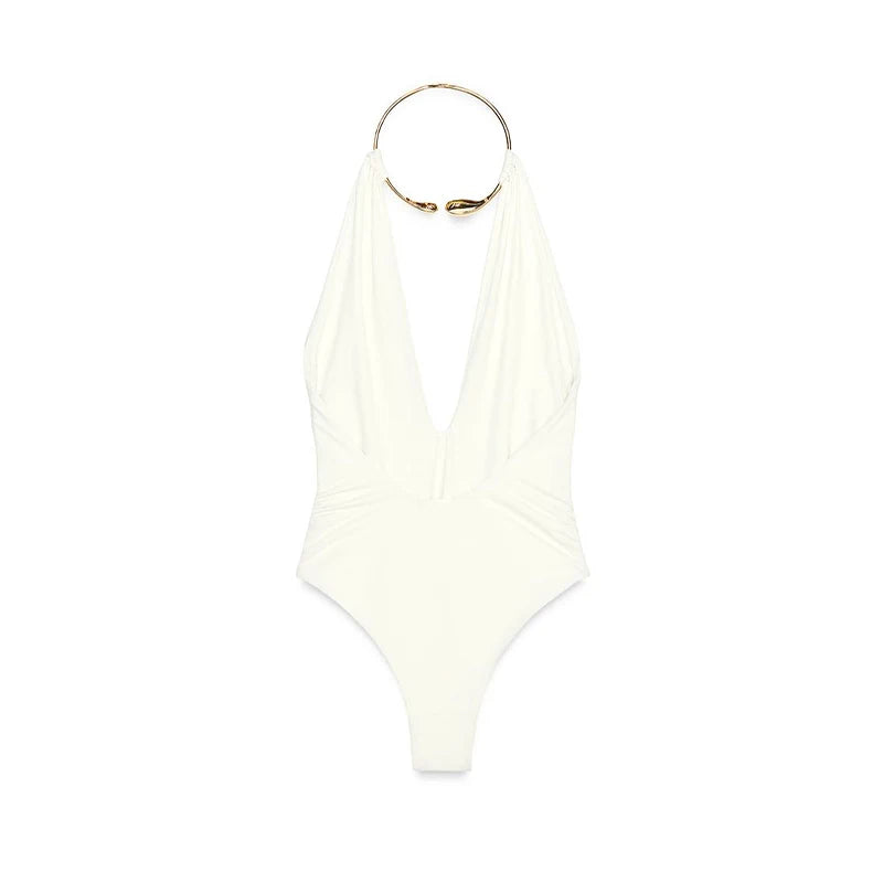 White halter neck swimsuit on a white background