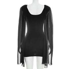 Black dress with sheer sleeves on a mannequin against a white background