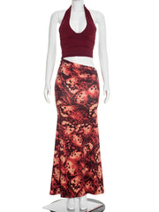 Halter V Neck Print Cut Out Maxi Dress