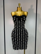 Strapless pearl and rhinestone embellished bodycon mini dress