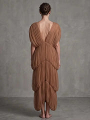 Brown V-Neck Draped Tiered Folds Maxi Dress