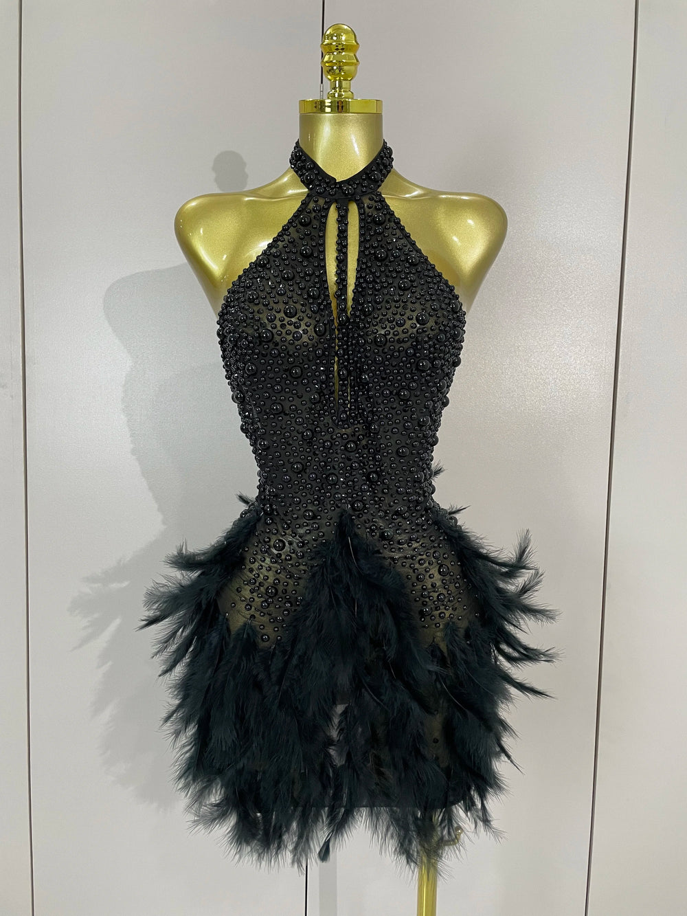 Black beaded feather halter dress