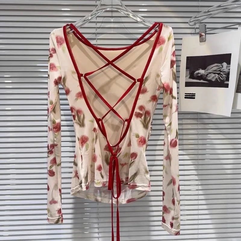 Floral Mesh Tie Back Long Sleeve Top - Back View