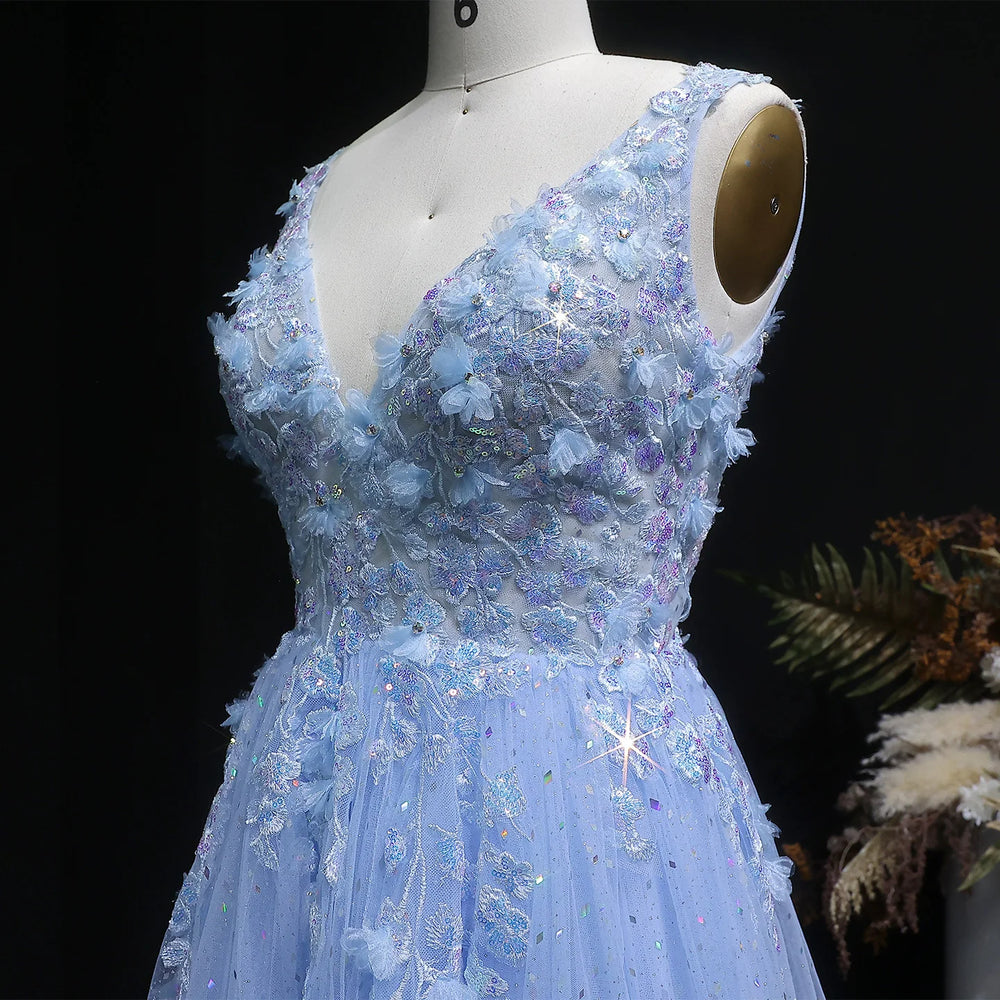 Blue evening gown with floral and beaded details on a mannequin against a dark background.