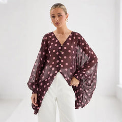 Polka Dot V-Neck Sheer Blouse Top