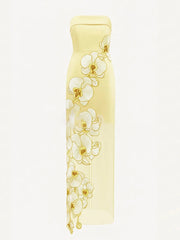 Floral Embroidered Strapless Mesh Hem Maxi Dress
