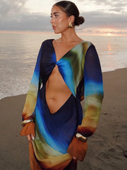 Mesh Tie Dye Long Sleeve Twisted Maxi Dress