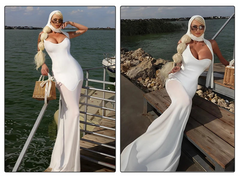 Strapless Asymmetric Neckline Mesh Patchwork Maxi Dress with Ribbon