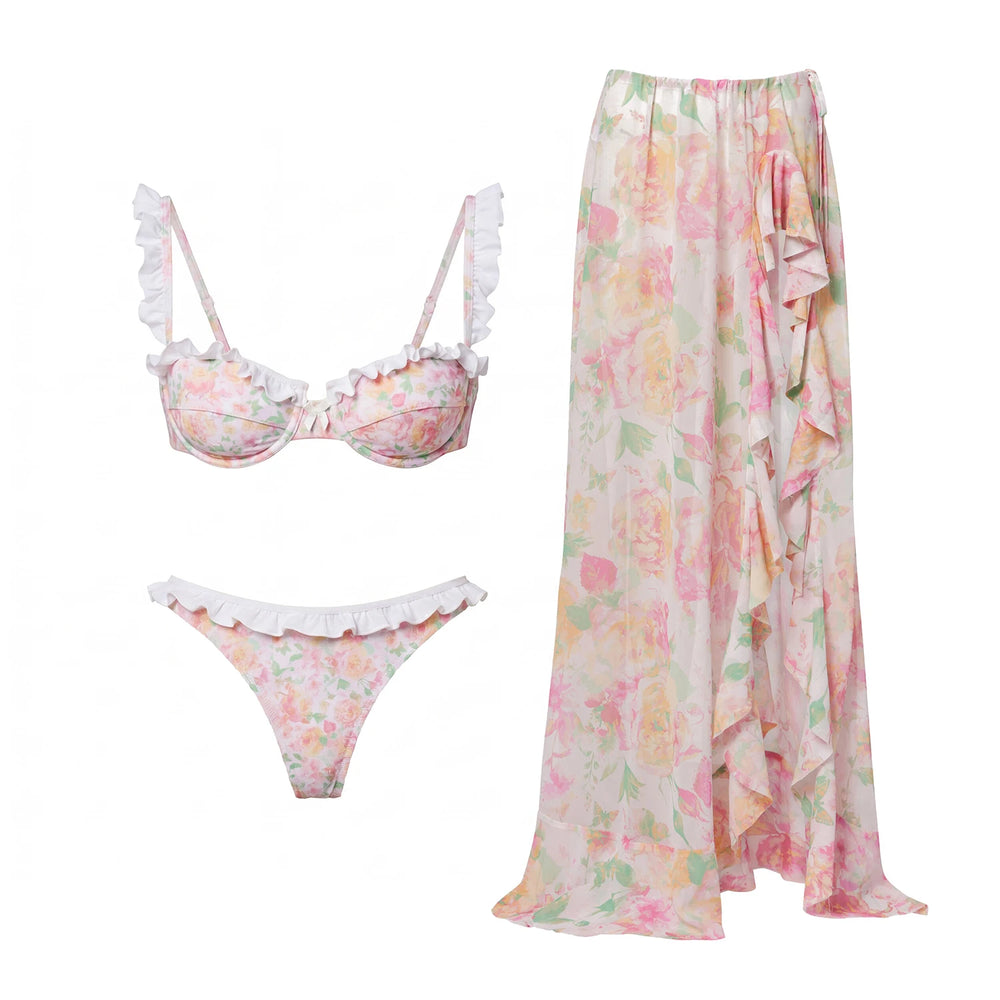 Printed bikini with ruffle trim and a separate maxi skirt.