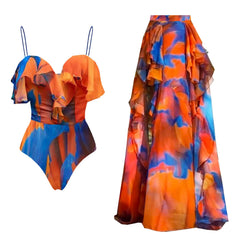 Ruffled Floral Print One-Piece Swimsuit and Maxi Skirt Set