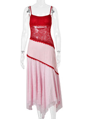 Pink Lace Patchwork Spaghetti Strap Maxi Dress