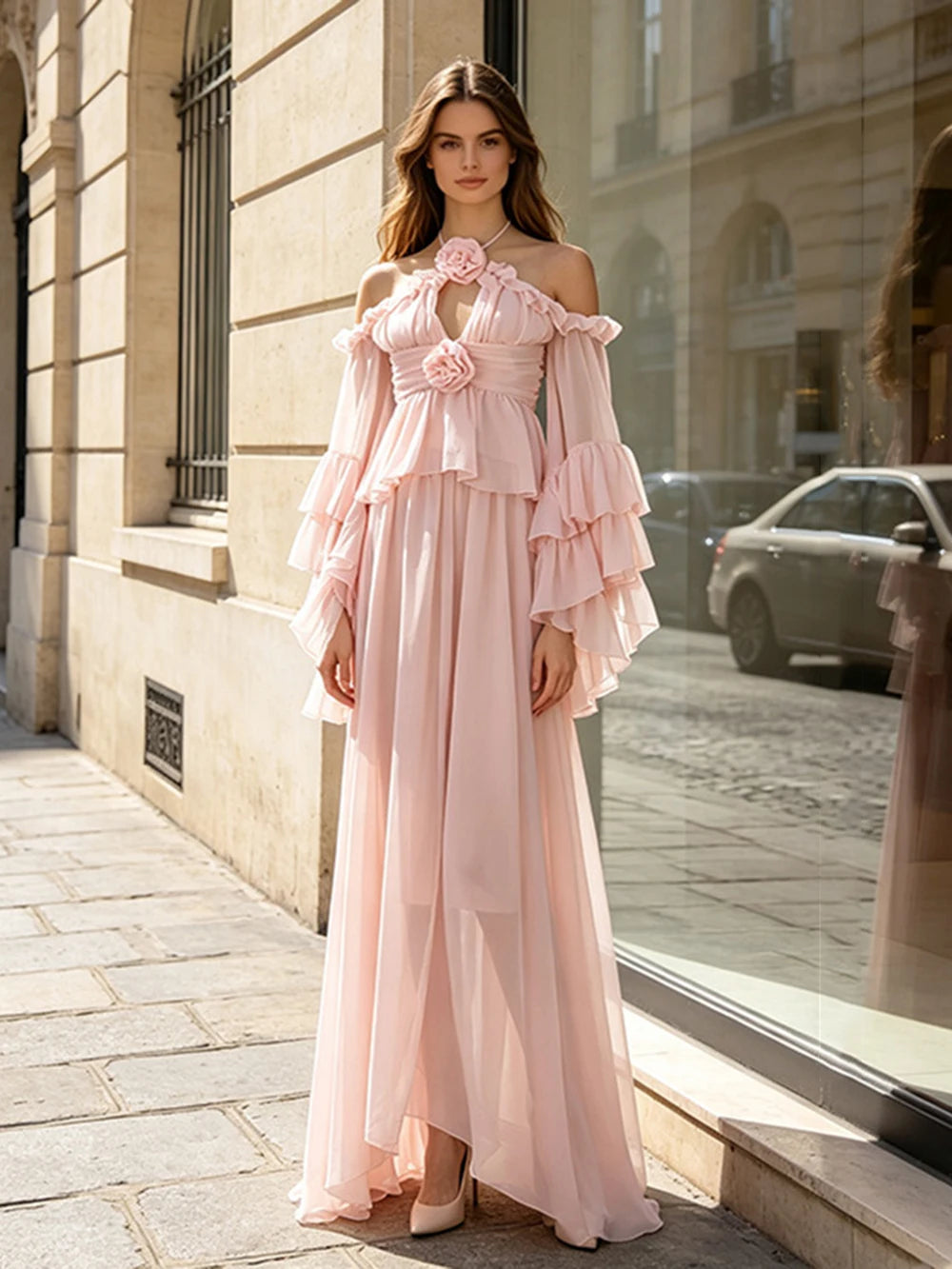 Halter cold shoulder ruffle top and flowing maxi skirt set