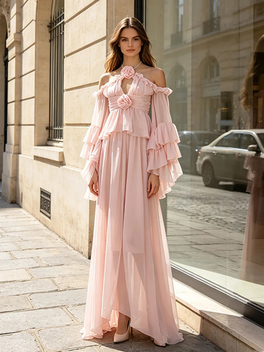 Halter cold shoulder ruffle top and flowing maxi skirt set