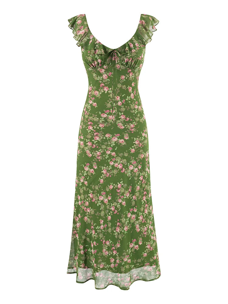 Ruffle V-neck sleeveless midi dress front view