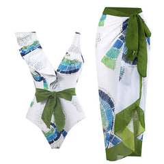 Tie-Strap V-Neck One-Piece Swimsuit with Matching Sarong Set