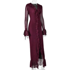 Ruffled Mesh Sleeve V-Neck Maxi Dress