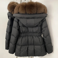 Gray puffer jacket with brown fur hood