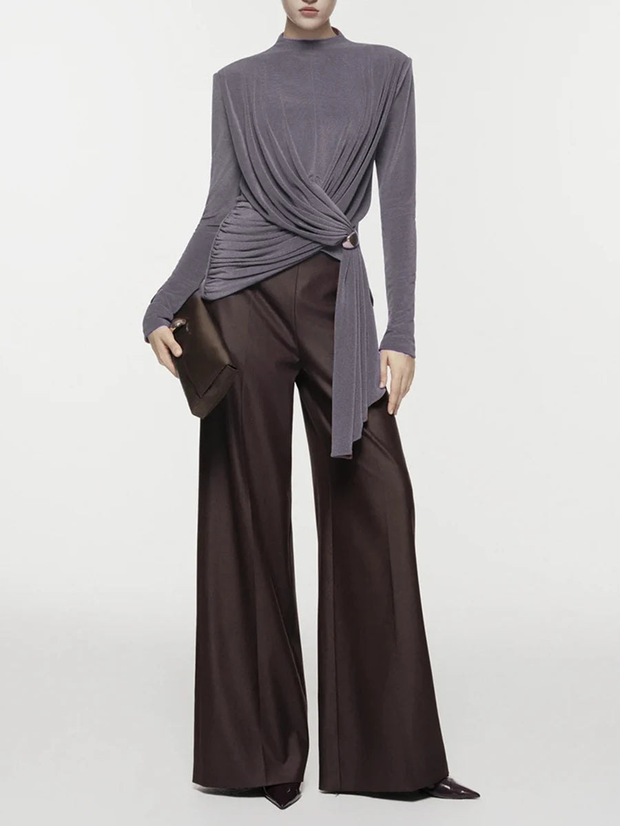 Draped mock neck long sleeve ruched top with buckle accent