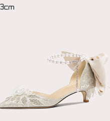 White Pearl Bow Stiletto Heels | Lace Bridal Beaded Party Sandals