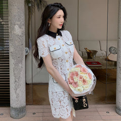 White Lace Short Summer Dress with Black Collar – Embroidered Fit & Flare Pocket Dress