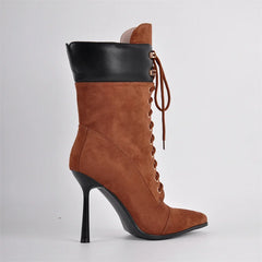 Pointed Toe Lace Up Mid Calf Boots
