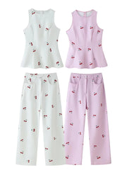 Cherry Print Peplum Top and Wide Leg Pants Set