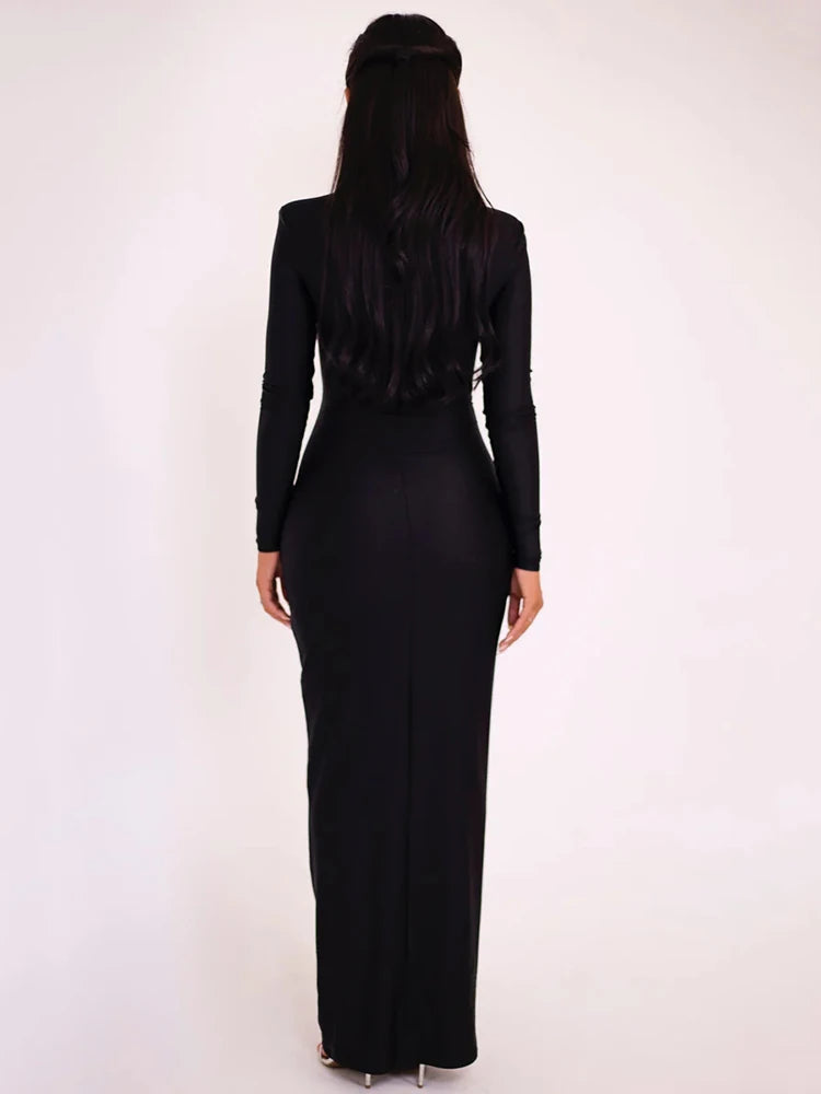 Black long-sleeve gown on a white background
