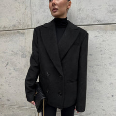 Black Belted Lapel Collar Blazer with double-breasted buttons