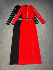 Black and red outfit on a gray background