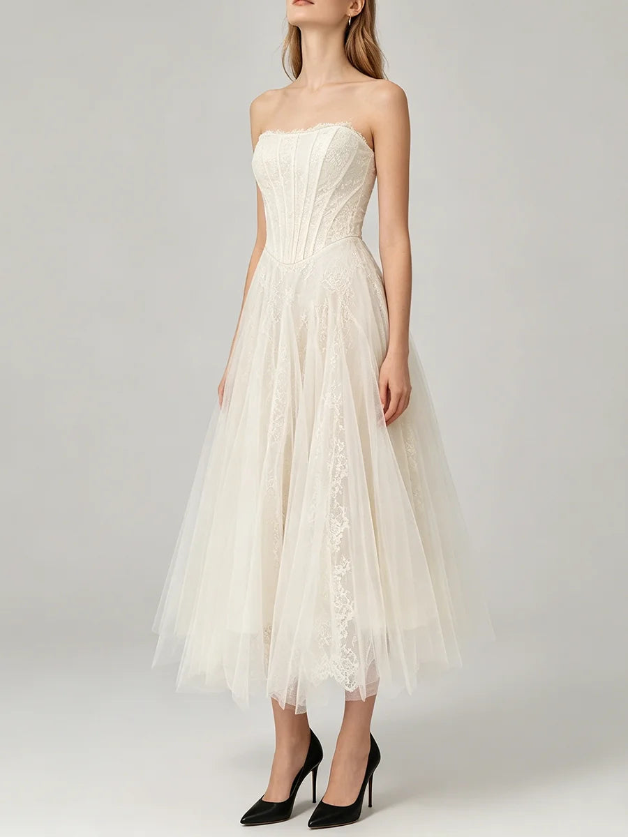 White lace corset midi dress side view