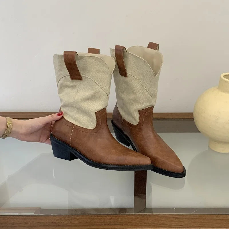 Close-up of mixed color pointed toe ankle boots