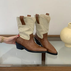 Close-up of mixed color pointed toe ankle boots