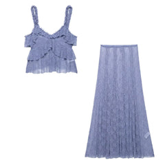 Blue ruffled top and long skirt set on a white background