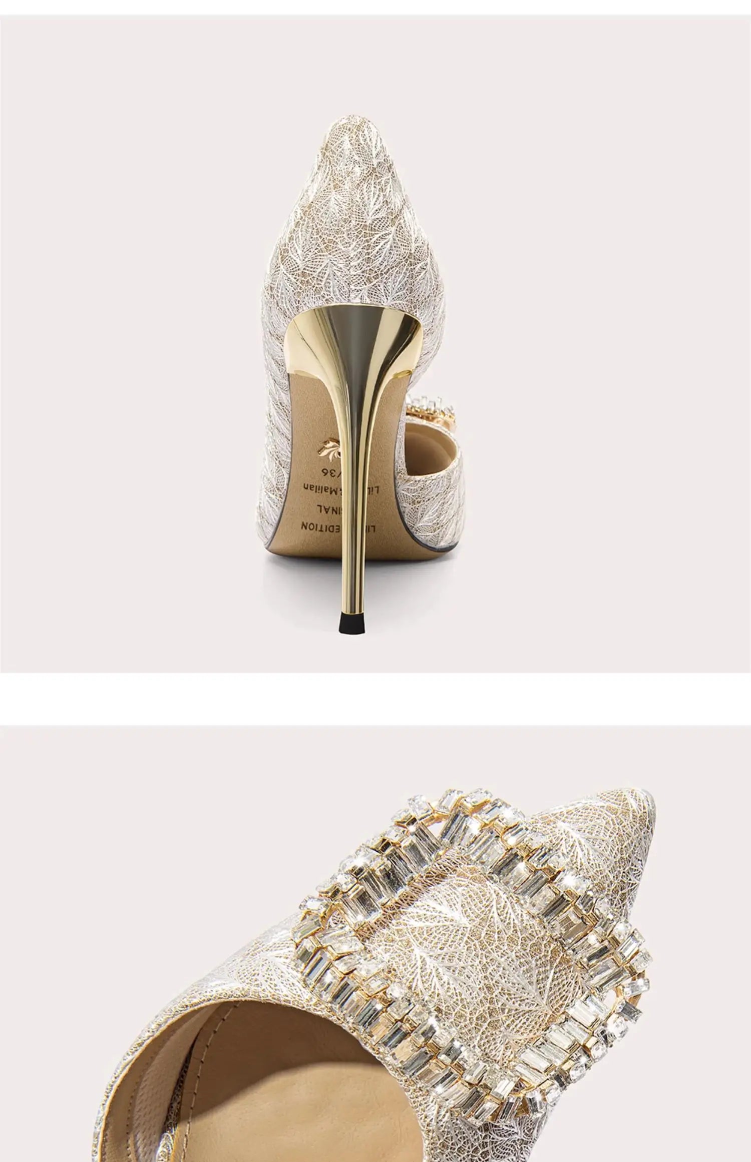 Elegant high-heeled shoe with crystal embellishments on a light gray background