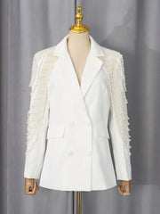 Pearl Beaded Tassel Shoulder Double Breasted Blazer
