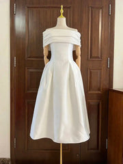 Slash Neck Short Sleeves Satin Flare Midi Dress