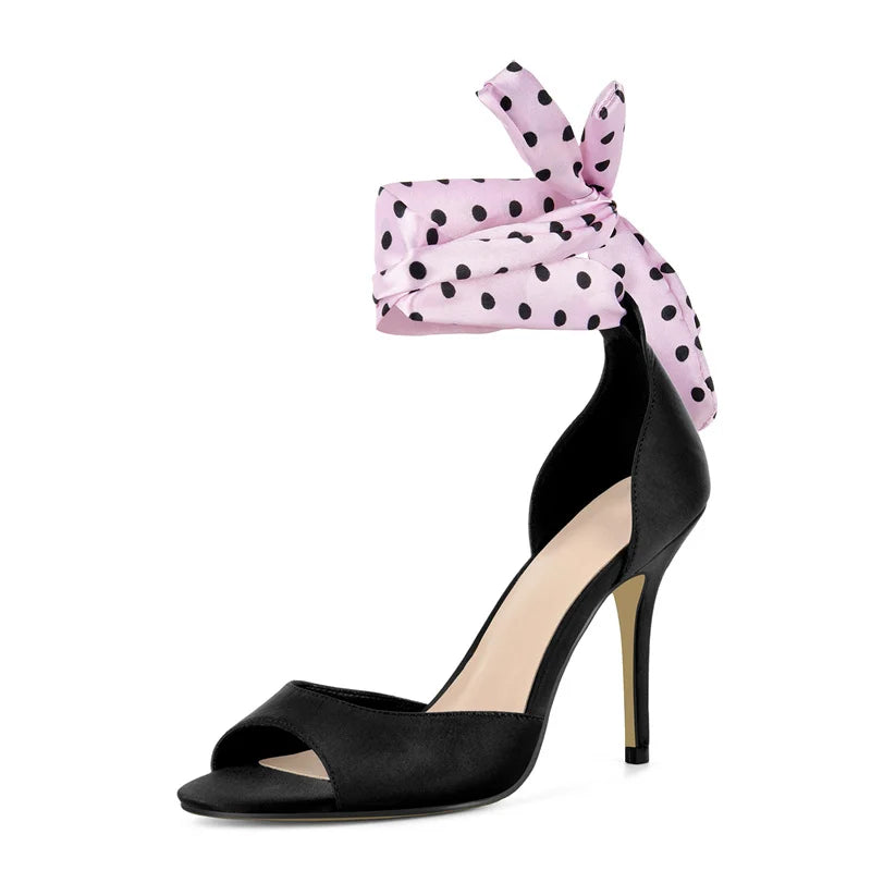 Black satin peep toe stiletto sandal with pink polka dot ribbon tie