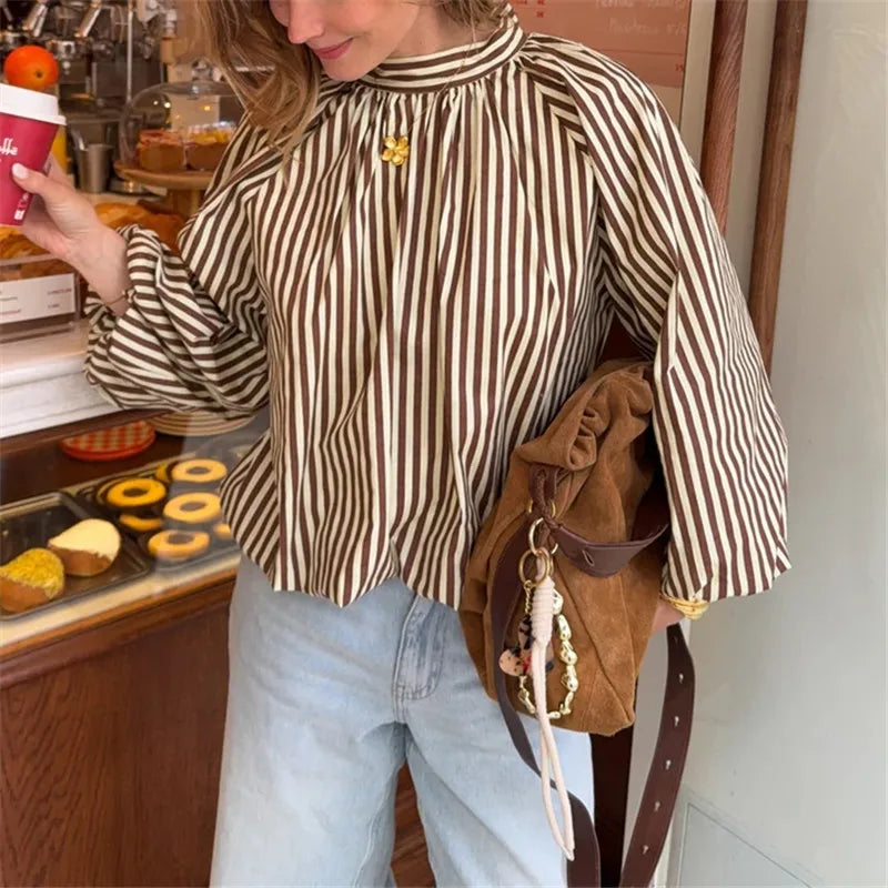 Striped tie back puff sleeve top front view