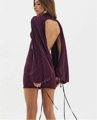 Puff Sleeve Turtleneck Open Back Mini Dress