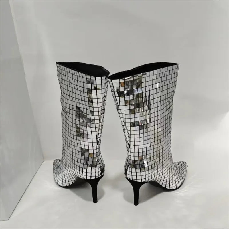 Back view of Crystal Sequin Pointed Toe Boots with a stiletto heel.