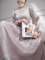 High Neck Pleated Midi Dress with Beaded Waist Detail