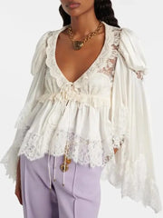 Lace V-Neck Lace-Up Blouse with Bell Sleeves